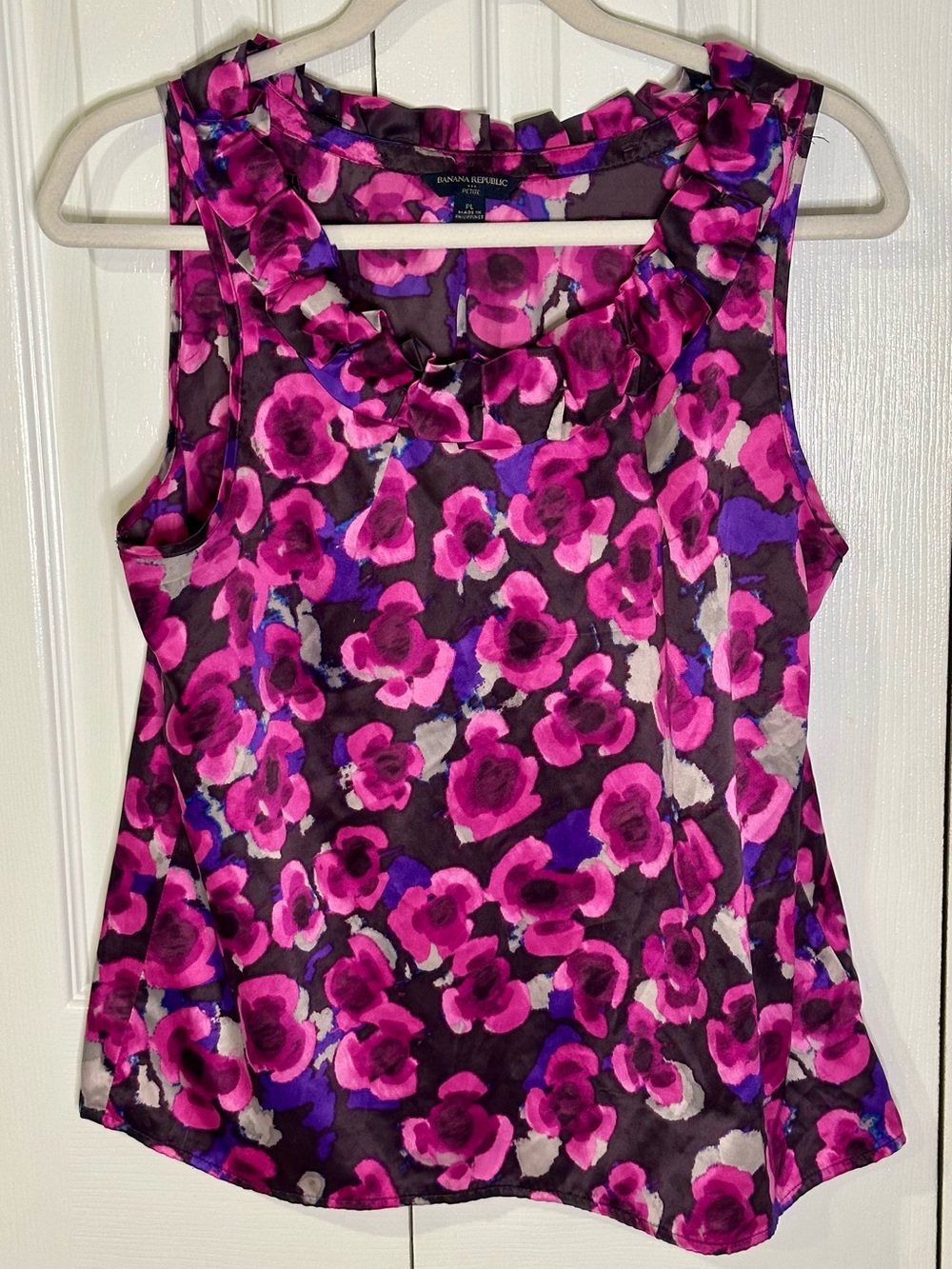 Banana Republic Fuchsia and Purple Floral Ruffle Neck Sleeveless Top